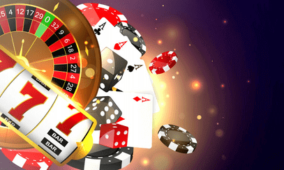 slots, roulette, gaming cards & casino chips graphic